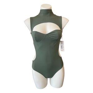 NWT High Neck One Piece Monokini Swimsuit Cut Out Olive Green XS